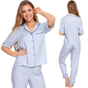 Moraj Damen Schlafanzug mit Knöpfen Kurzarm + Pyjamahose gestreift Viskose 7200-001, Farbe: Blau, Große: XL