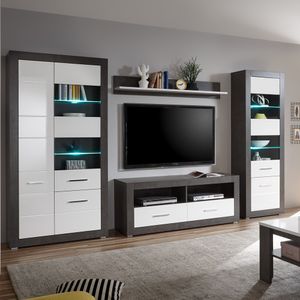 Moderne Wohnwand mit Standvitrinen ETON-61 in Betonoptik dunkel & Hochglanz weiß B/H/T: 335/198/35-45cm
