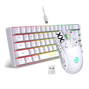 HXSJ V200 68-Tasten-Gaming-Tastatur weiß + kabellose mechanische Maus T90 2,4 G weiß, 11 RGB-Lichteffekte | 5 DPI | 125 Hz Abfragerate