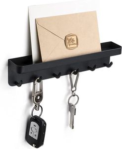 TOJ Selbstklebende Schlüsselbrett - Schlüsselregal mit 6 Haken - Inklusive Klebestreifen, Schrauben und Magnet - Matt Schwarz