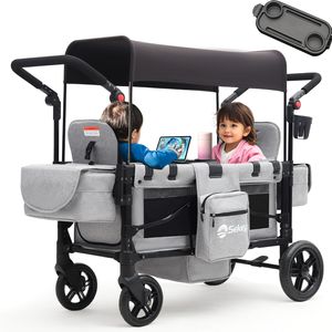 Sekey Bollerwagen Faltbar mit Dach Zwillingsmodus Kinderwagen Doppelsitz mit 2x 5-Punkt-Gurtsystem, Grau