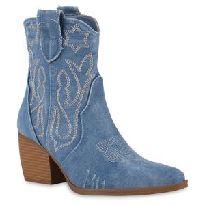 VAN HILL Damen Cowboy Boots Stiefeletten Spitze Denim Stickereien Schuhe 840977, Farbe: Hellblau Denim, Größe: 39