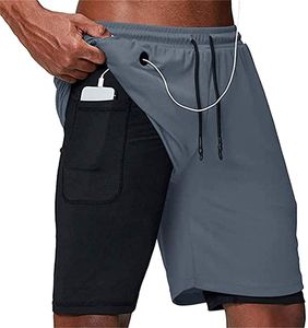 ASKSA Herren Sport Shorts 2 in 1 Running oder Gym Schnell Trocknend Atmungsaktiv Training Shorts Jogger Hose mit Eingebauter Tasche (Grau,L)