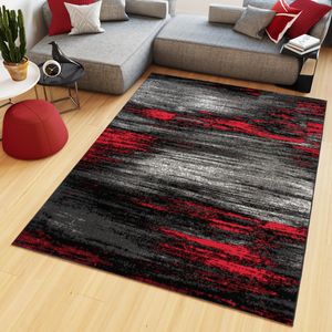 Teppich Wohnzimmer Schlafzimmer Kurzflor Modern Design Streifen Schwarz Grau Rot Weiß Verwischt Meliert  300 x 400 cm