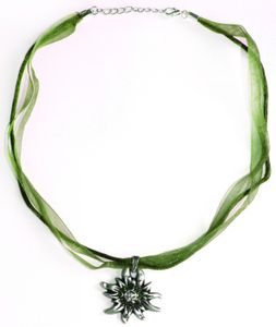 German Wear, Trachtenkette Edelweiß Satin Chiffon Straßsteine Metall Tracht Kette grün