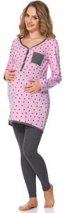 Damen Umstands Pyjama mit Stillfunktion BLV50-125, Farbe:Rosa Punkte/Graphite, Größe:XXL