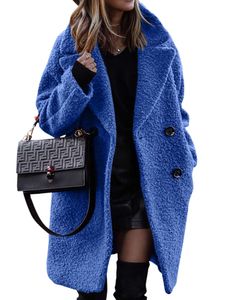 Damen Wollmäntel Fleece Langer Sherpa Mantel Lässige Jacke Bequemer Reverskragen Outwear Königsblau,Größe XL