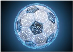 Wallario selbstklebendes Poster - Fußball digital - Netzwerk in blau, Größe: 70 x 100 cm