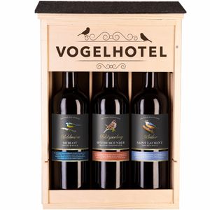 Moselland 3er Holzkiste Vogelhotel mit feinsten Rotweinen 3 x 750ml