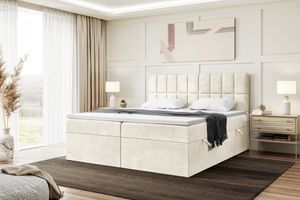 MEBLINI Boxspringbett mit Bettkasten - Gepolstert Doppelbett mit Matratze und Topper - Polsterbett mit Stauraum - Bett mit Kopfteil - Stauraumbett - LUKAS - 180x200 - H4/Creme Samt