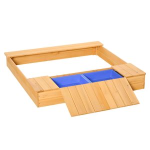 Outsunny Sandkasten Staubdichte Holzsandkasten mit 2 Aufbewahrungsbox 3-6 Jahren Natur+Blau 125 x 121 x 17,5 cm