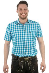 OS Trachten Herren Hemd Kurzarm Trachtenhemd mit Liegekragen Iluvu, Größe:41/42, Farbe:türkis
