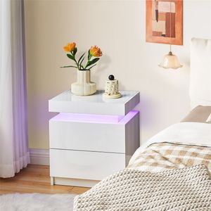 CLIPOP Nachttisch mit RGB LED, 2 Schubladen, Holz Beistelltisch für Schlafzimmer, Weiß