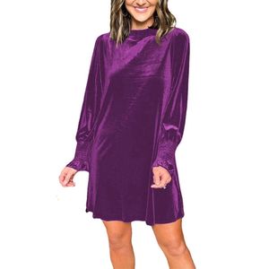 Damen Minikleider kurzes Kleid Langarm Freizeitkleid Lose Partykleid Baumwolle Herbst Violett,Größe:EU M
