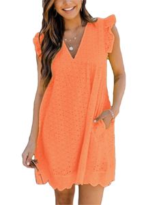 ASKSA Damen Elegant Rüschen Kleider Integriertem Shorts Sommer V-Ausschnitt Minikleid Kleid mit Taschen, Orange, M