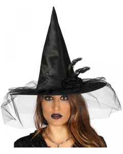 Zauberhafter Hexenhut mit Rose und Schleier für Halloween Kostüme