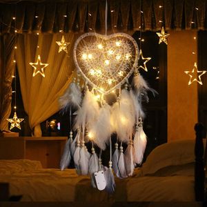 Herz Traumfänger Boho-Stil Handgefertigt LED Licht Wandbehang Romantische Dekoration (Weiß,Mit Lichtern)