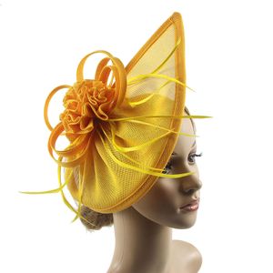 Frauen Fascinator Stirnband Feder Mesh Blume Einfarbig Vintage Bowler Hut Hochzeit Haarspange Tea Party Hut für Abschlussball Bankett-Gelb