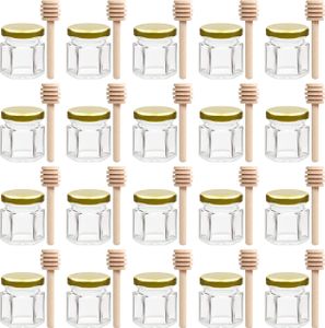 BELLE VOUS (20er-Pack) Hexagon Honigglas mit Honiglöffel aus Holz - 40 ml Honigspender Tropffrei Glas Behälter mit Deckel für Marmeladen & Gewürze -
