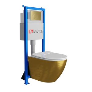 Lavita LAV 101 Vorwandelement für WC 40cm + Wand Hänge Tiefspül WC SOFI SLIM BRUSHED GOLD Spülrandlos + Bedienplatte LAV 200.4.5 Gold | Komplettset | Unterputz Spülkasten | Toilette Komplett Sett