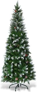 COSTWAY 180cm Künstlicher Bleistift Weihnachtsbaum mit Kiefernzapfen, schneebedeckter Tannenbaum mit Metallständer, Christbaum 630 Spitzen PVC Nadeln, Kunstbaum Weihnachten Klappsystem