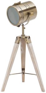 BRUBAKER Stehleuchte Industrial Design Tripod Lampe - 65 cm Höhe - Stativbeine aus Holz Weiß - Scheinwerfer Messing