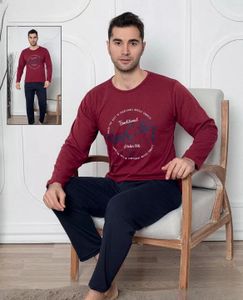 Herren Pyjama Schlafanzug Set Baumwolle Rot M Lang C-41