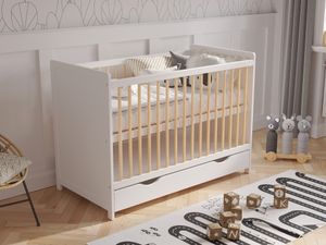Babybett Gitterbett mit Schublade und Aloe Vera Matratze 120 x 60 cm + Sicherheitsbarriere Babybett Gitterbett mit Schublade und Aloe Vera Matratze 120 x 60 cm + Sicherheitsbarriere