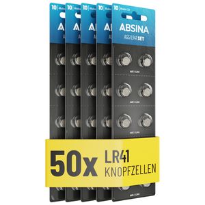 ABSINA 50x AG3 LR41 Knopfzelle 1,5V - Alkaline Knopfzellen auslaufsicher & mit langer Haltbarkeit - LR736 L736 G3 G3A 192