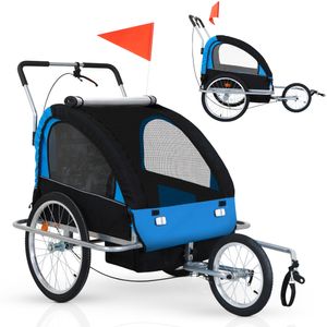 Jago® Fahrradanhänger - Für 2 Kinder, Klappbar, mit Kupplung, Fahne, Bremse, Vorderrad, 5-Punkt Sicherheitsgurt, Blau - Kinderanhänger, Kinderfahrrada