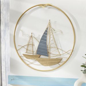 3D Wandbild "Regatta" aus Metall in gold, 2 Segelboote in rundem Rahmen, Wanddeko