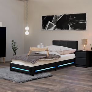 HOME DELUXE - LED Bett ASTEROID 90 x 200 Schwarz Polsterbett Bett inkl. Lattenrost