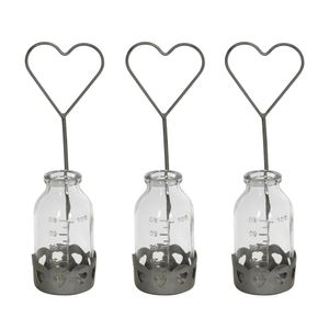 3tlg. Vase GIVING grau Glasvase Herz Metallhalterung Blumenvase zum Verschenken