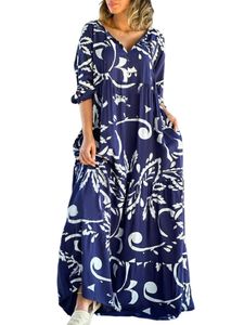 Damen Sommerkleider Große Größe Blumenkleid Langes Kleid Maxikleid V-Ausschnitt Kleider Blau,Größe XL