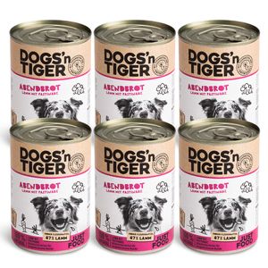 Dogs'n Tiger Adult Premium krmivo pro psy, večerní moučka, vlhké krmivo, bez obilovin, jehněčí, pastinák a zdravé bylinky, 6x400g