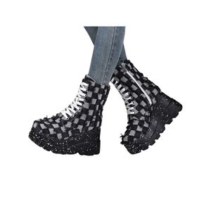 Damen Stiefeletten Mit Seitlichem Reißverschluss Keilabsatz Leichte Schnürung Mode Stiefel  Schwarz,Größe:EU 38