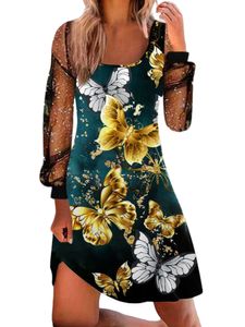 Damen Sommerkleider Schmetterling Kleider Minikleid Freizeitkleider Blumenkleid Gold,Größe 3XL