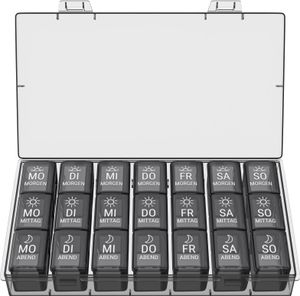 WELLGRO Tablettenbox für 7 Tage - je 3 Fächer pro Tag - separate Wochentagsentnahme - Wochendosierer mit Klickverschluss - Kunststoff - Farbe wählbar