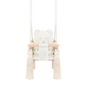 Indoor-Babyschaukel von Guguplanet Beige: Mit Sicherheitsgurten, Teddybär-Design, Holzrahmen, Anpassbares Seil, Einfach zu montieren