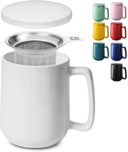 Teetasse mit Sieb und Deckel - Keramik Weiß - Hält Lange warm - 500ml XXL Groß - Spülmaschinenfest