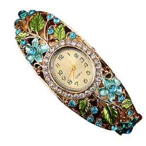 Armreif-Kleideruhr, Vintage-Armbanduhr mit Kunstkristalllegierung, hübsches Blumenmuster, für den Freizeitgebrauch-Blau