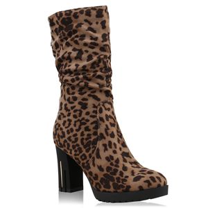 Mytrendshoe Klassische Damen Stiefel Gefütterte Boots Blockabsatz High Heels 825649, Farbe: Leopard, Größe: 36