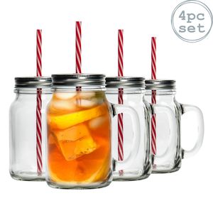 Knoxville Marmeladen-Trinkglas mit Henkel, Deckel & Strohhalm - 620 ml - 4 Stück mit Geschenkverpackung