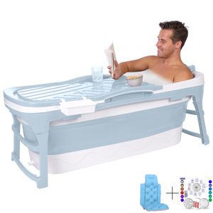 HelloBath® skladacia vaňa - modrá - 143 cm - mobilná vaňa - skladacia vaňa - kúpeľňa - BEZ masážneho valčeka na nohy - vankúšik do vane a kúpeľňová la
