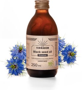 TERRAGEM Premium - Schwarzkümmelöl, Nigella Sativa, Kaltgepresst & Ungefiltert, Nahrungsergänzung, Gesundheitsförderung, Glasflasche 250ml