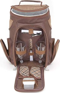 BRUBAKER Wein oder Champagner Picknicktasche Rucksack mit Gläsern für 2 Personen mit Kühlfach Braun 20 × 17 × 36 cm