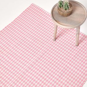 HOMESCAPES Pink-weiß karierter handgewebter Teppich aus Baumwolle, 110 x 170 cm