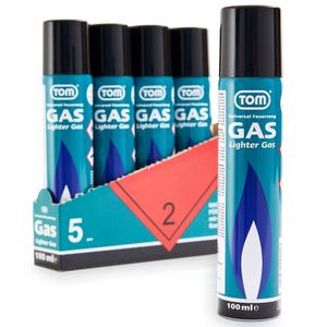 TOM Feuerzeuggas 5er Set | 100ml inklusive | 5 Adapter | Propan Butan Gas Kartuschen | Universal