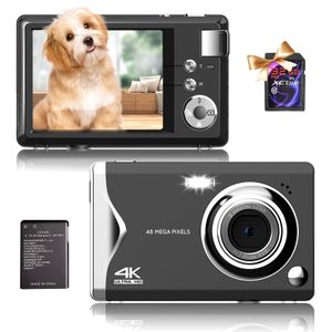 Digitalkamera, 4K HD 1080P 48MP Fotokamera Kompaktkamera, Mini Digitalkamera mit 32GB SD-Kart, LCD-Bildschirm,16X Digitalzoom für Anfänger (Schwarz)