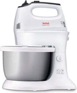 Mixer, Tefal HT312138, Schnellmix-Handmixer mit Schüssel, 300 W, 5 Geschwindigkeiten + Turbo, 2 Rührgeräte, 2 Knethaken, automatisch rotierende Schüssel, weiße und rostfreie Standschüssel